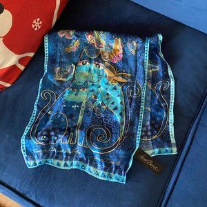 Vintage Laurel Burch Scarf 100% Silk Indigo Cats and Butterflies